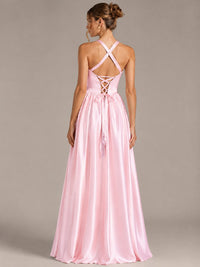 Light Yellow Halter Neck Satin A-Line Maxi Dress with Pockets