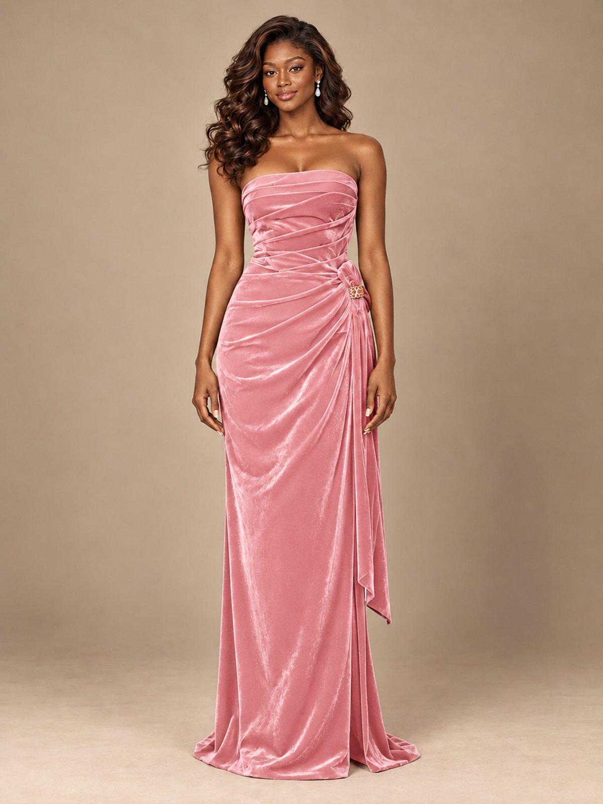 Burgundy Velvet Strapless Ruched Prom Dress with Jeweled Side Drape