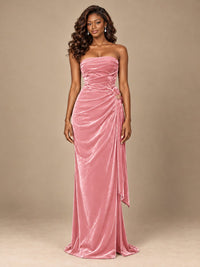 Burgundy Velvet Strapless Ruched Prom Dress with Jeweled Side Drape