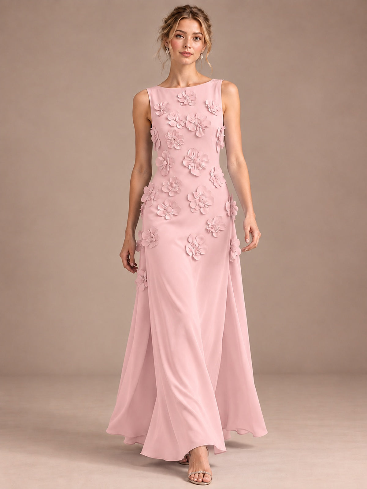 3D Floral Applique Sleeveless Formal Maxi Dress