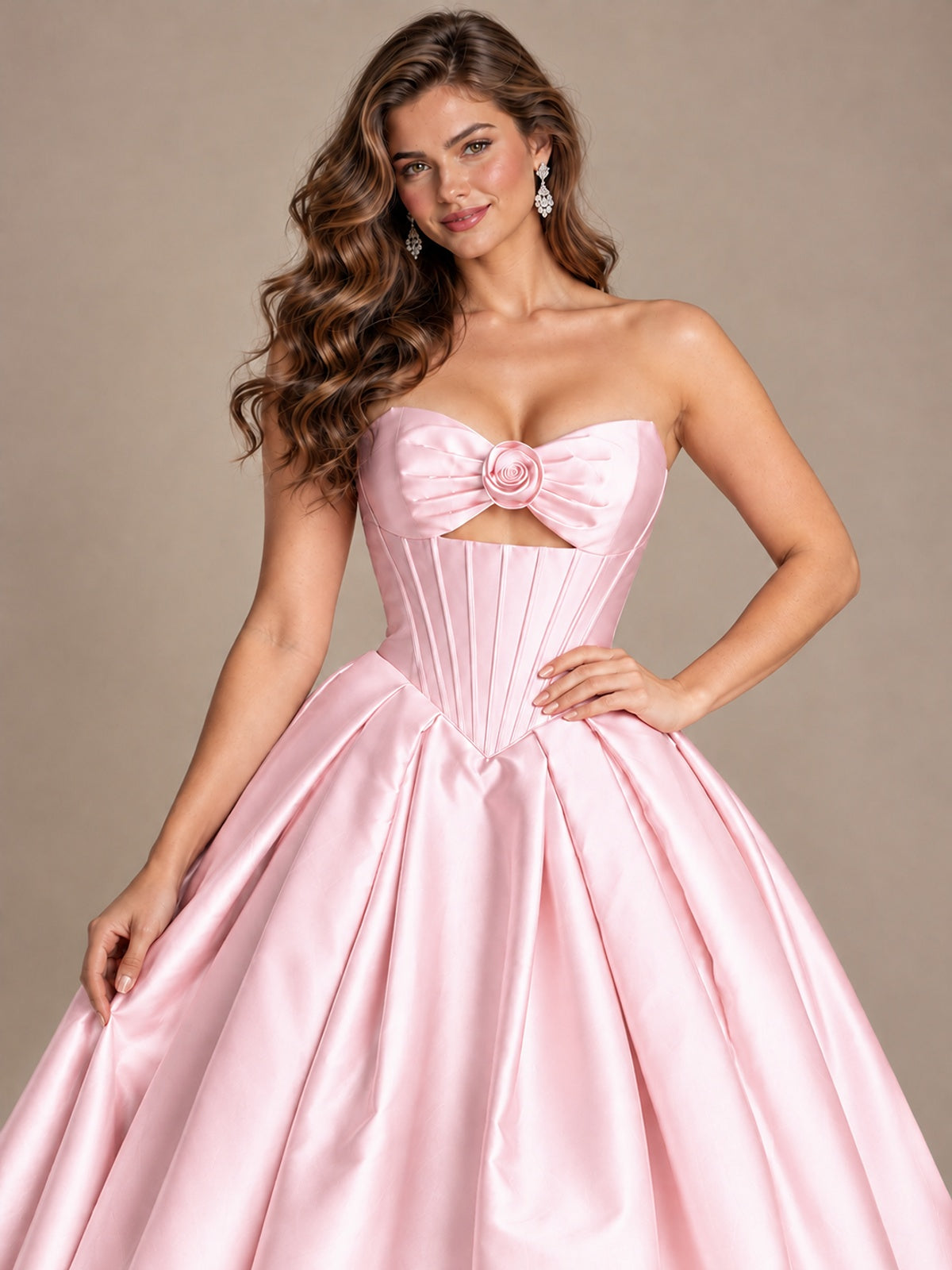 Pink Strapless Corset Satin Prom Derss & Ball Gown with 3D Floral
