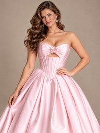 Pink Strapless Corset Satin Prom Derss & Ball Gown with 3D Floral