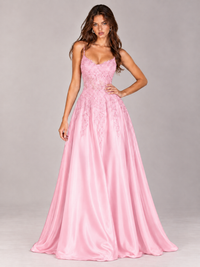 Lace Applique Satin A-Line Prom Dress with Sheer Bodice