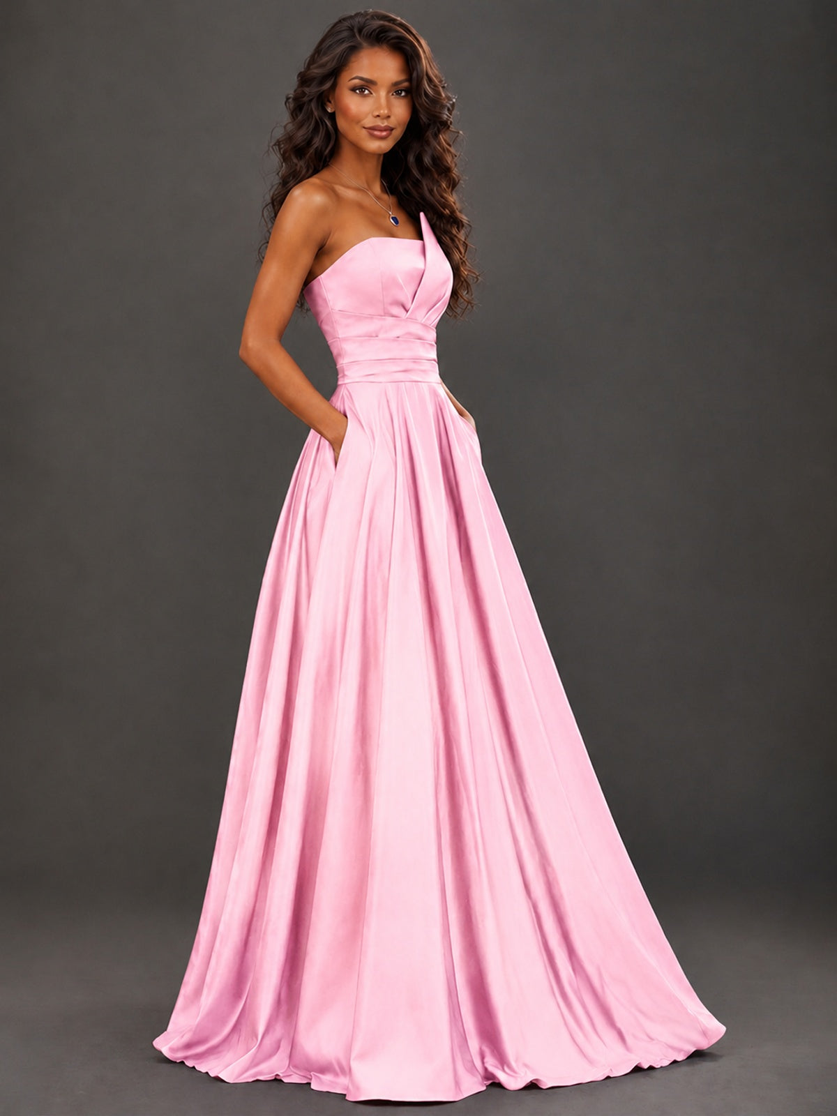 Draped Satin Prom Dress Strapless A-line Formal Dress Floor Length