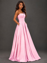 Draped Satin Prom Dress Strapless A-line Formal Dress Floor Length