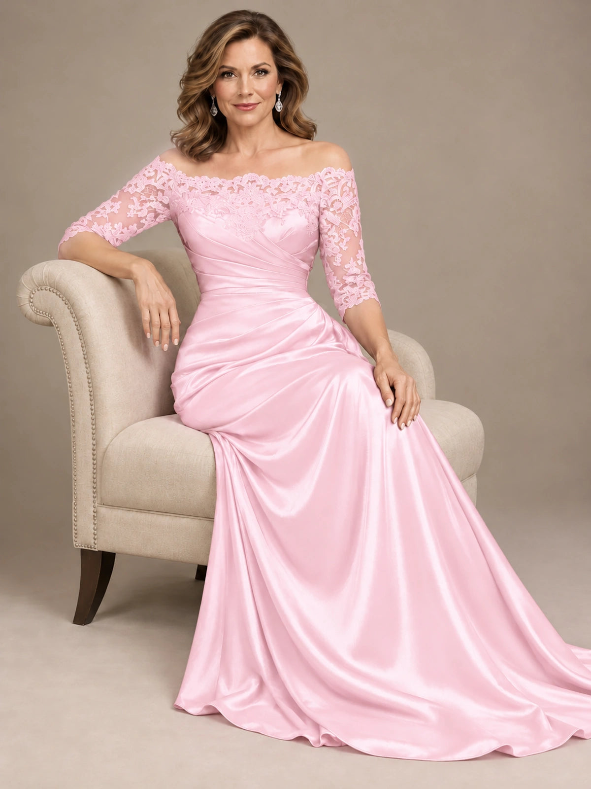 Satin Mother of the Bride Dress with Lace Sleeves Off Shoulder Formal Gown