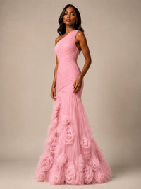 Blush Pink One Shoulder 3D Floral Mermaid Prom Dress