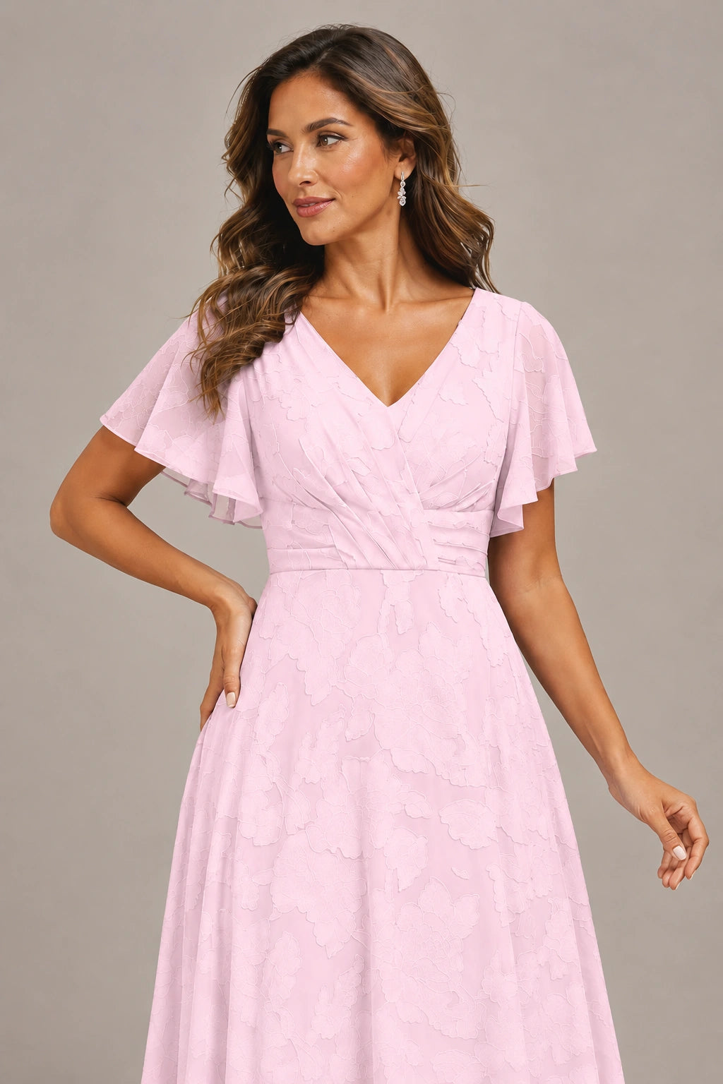 Jovellee Floral Chiffon A-Line Mother of the Bride Dress with Flutter Sleeves