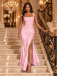 Scoop Neck Sequin Prom Dress with High Slit Satin Formal Gowns