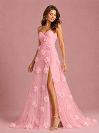 3D Floral Applique Strapless Tulle Prom Dress with High Slit