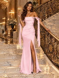 Off The Shuolder Satin Prom Dress Slit Mermaid Formal Gowns