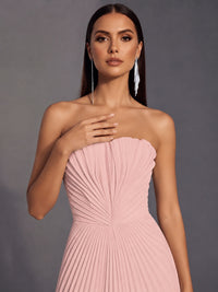 Strapless A-line Long Pleated Satin Prom Dress
