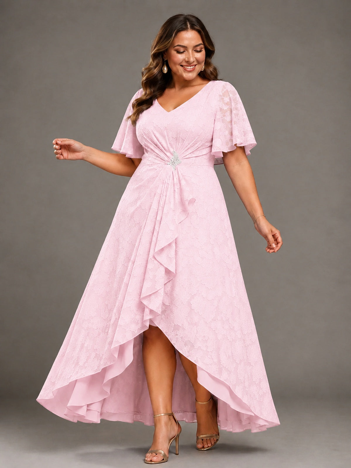 Jacquard Chiffon A-Line V-Neck High-Low Mother of the Bride Dress