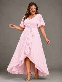 Jacquard Chiffon A-Line V-Neck High-Low Mother of the Bride Dress