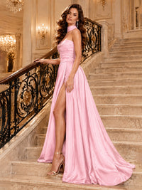 Strapless Prom Dress Side High Slit A-line Formal Dress with Scarf