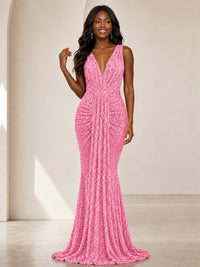 Sequin Mermaid Prom Dress with V-Neck and Ruched Waist