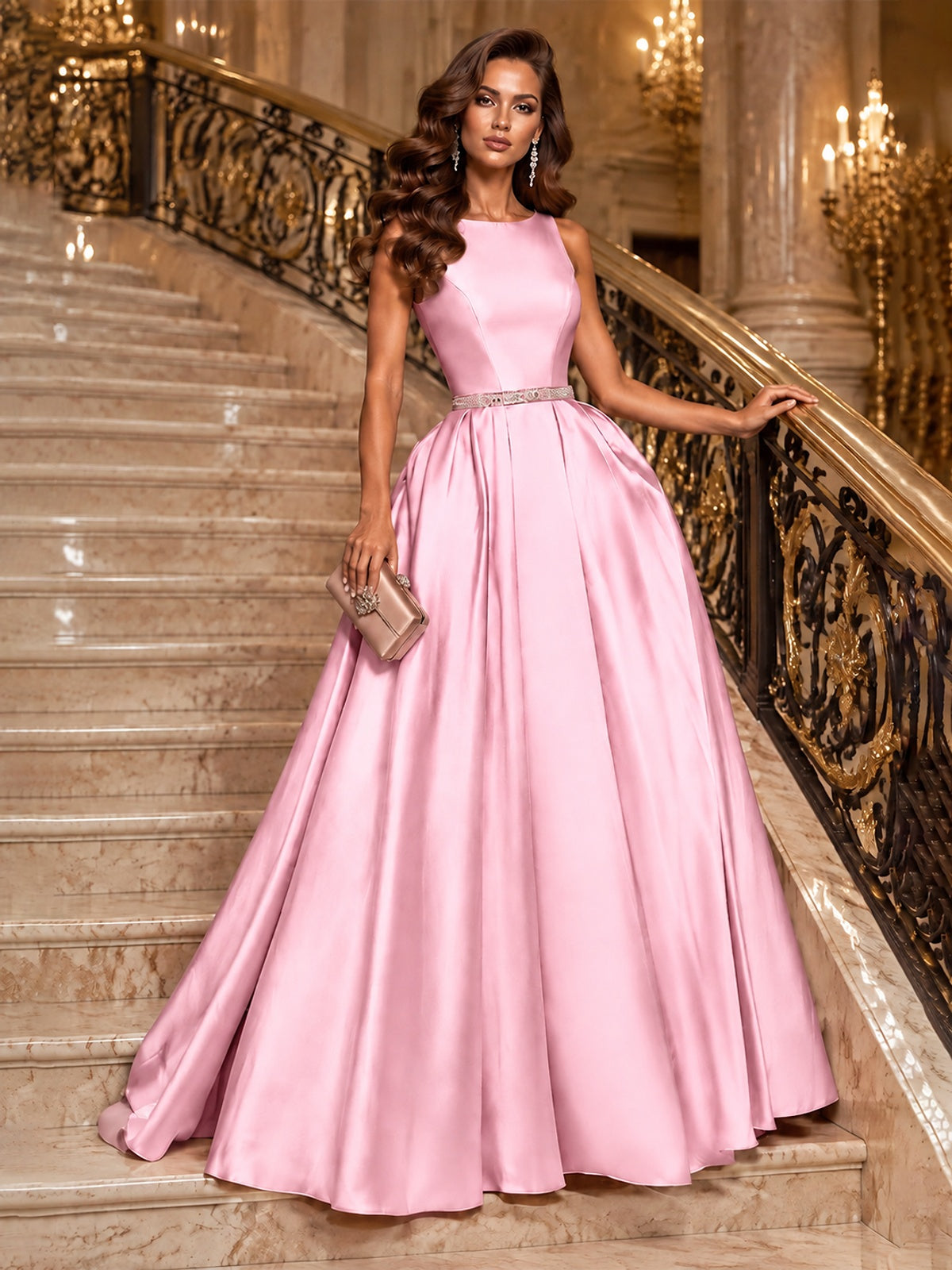 Satin A-Line Prom Dress Sleeveless Beaded Waist Formal Gown with Pockets