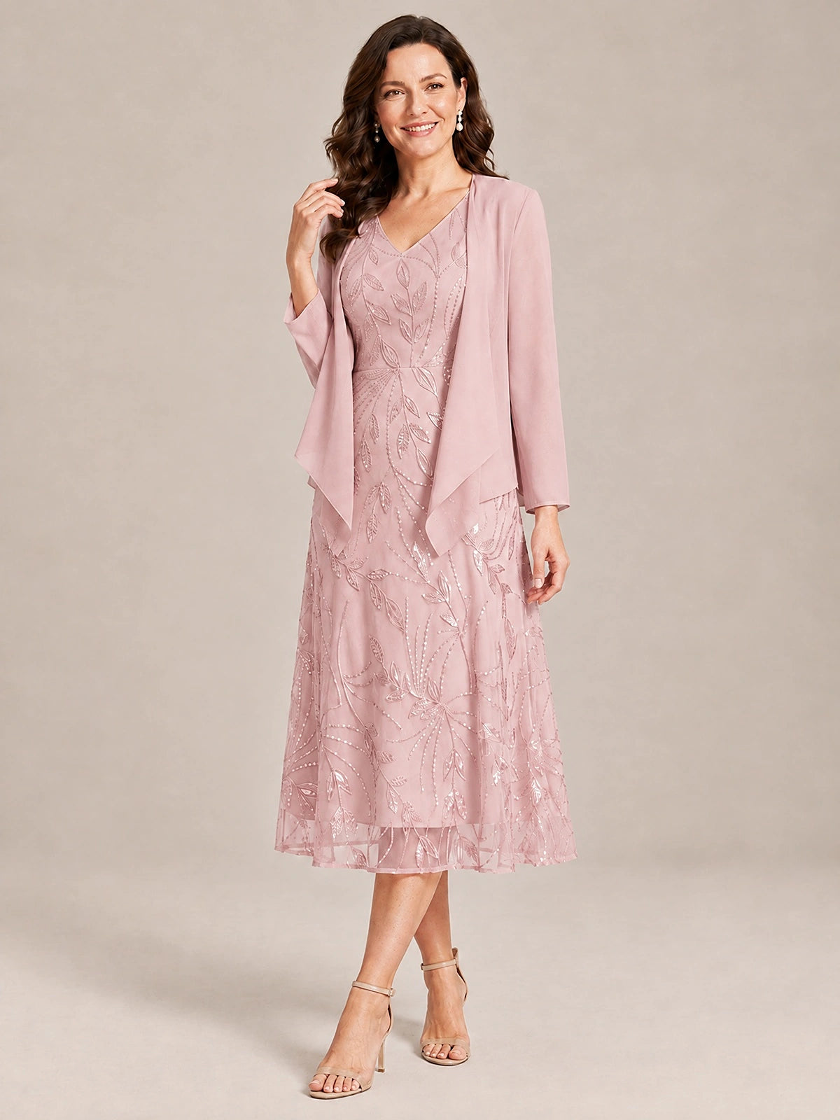 Tea Length Sequin Lace Mother of the Bride Dress with Chiffon Jacket