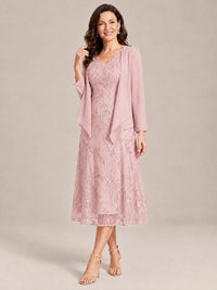 Tea Length Sequin Lace Mother of the Bride Dress with Chiffon Jacket