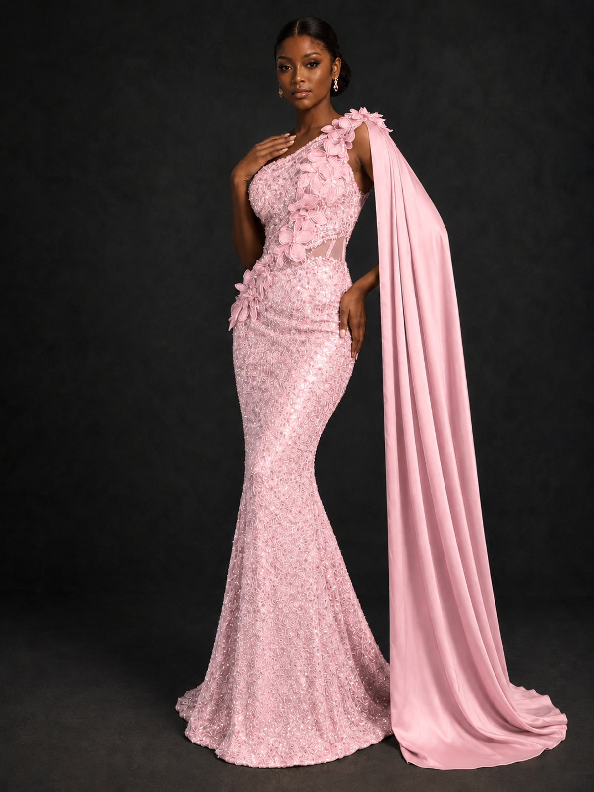 Gold Sequin One Shoulder Mermaid Prom Dress with Cape