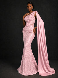 Gold Sequin One Shoulder Mermaid Prom Dress with Cape