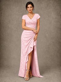V-Neck Floral Jacquard Mother of the Bride Dress with Slit