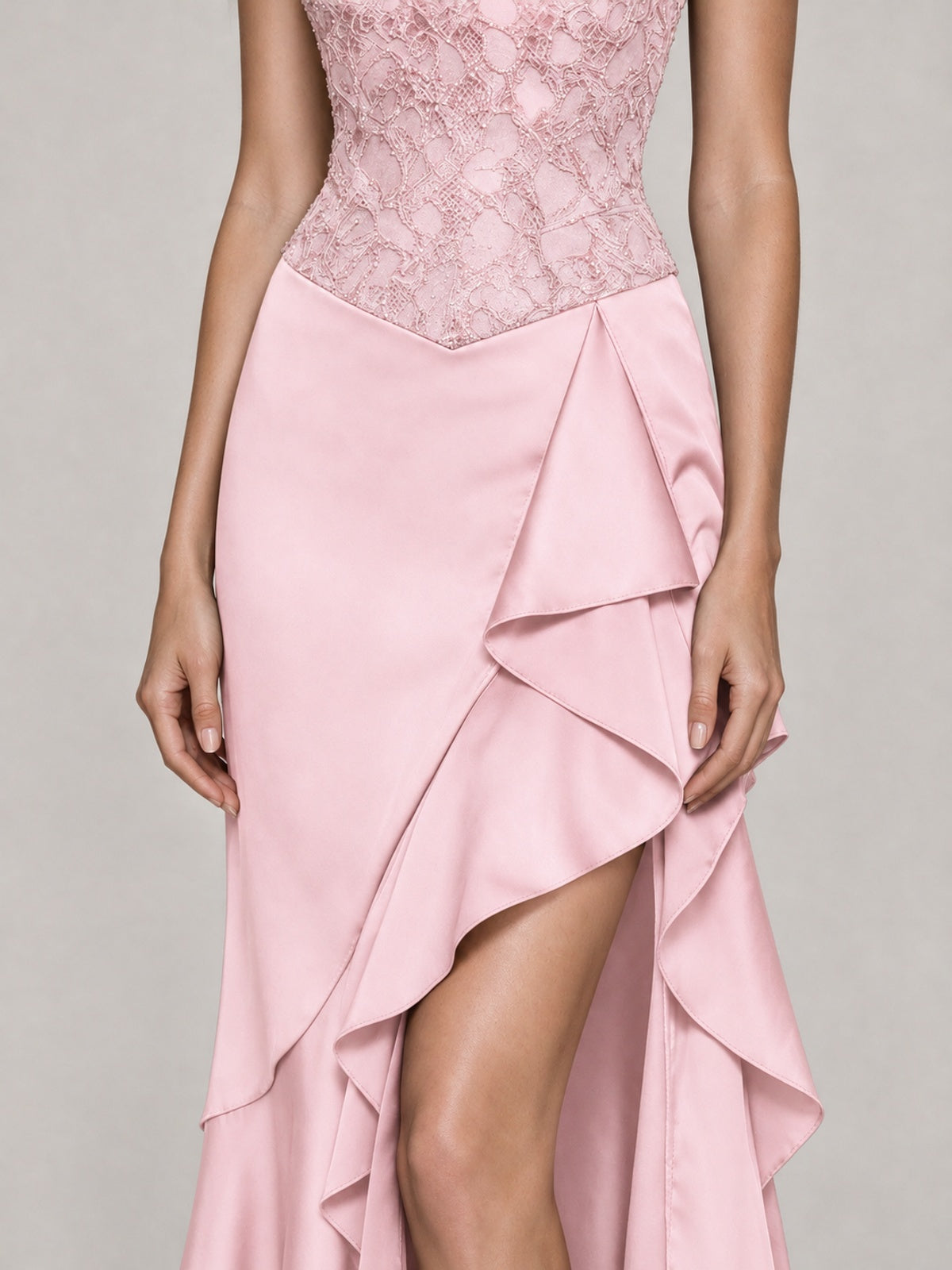 Strapless Lace Appliques Corset Satin Prom Dress Ruffle Slit Evening Gown