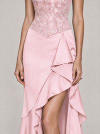 Strapless Lace Appliques Corset Satin Prom Dress Ruffle Slit Evening Gown