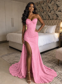 Beaded Sequin Prom Dress Strapless Formal Gowns with High Slit Train