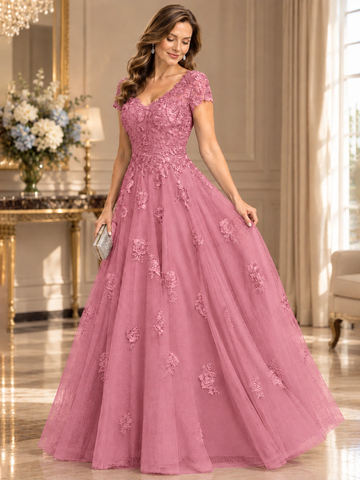 Lace Appliques A-line Mother of The Bride Dresses with Short Sleeves