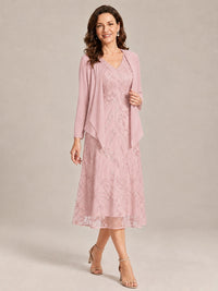 Tea Length Sequin Lace Mother of the Bride Dress with Chiffon Jacket