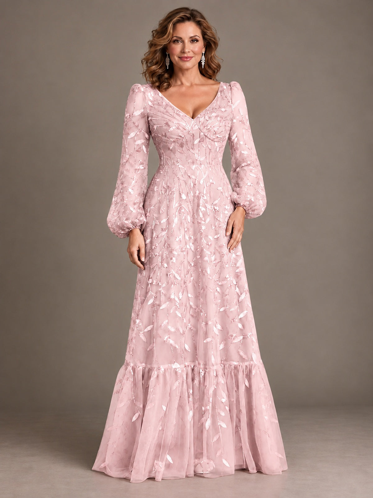 Floral Sequin Embroidered A-Line Mother of the Bride Dress with Long Sleeves