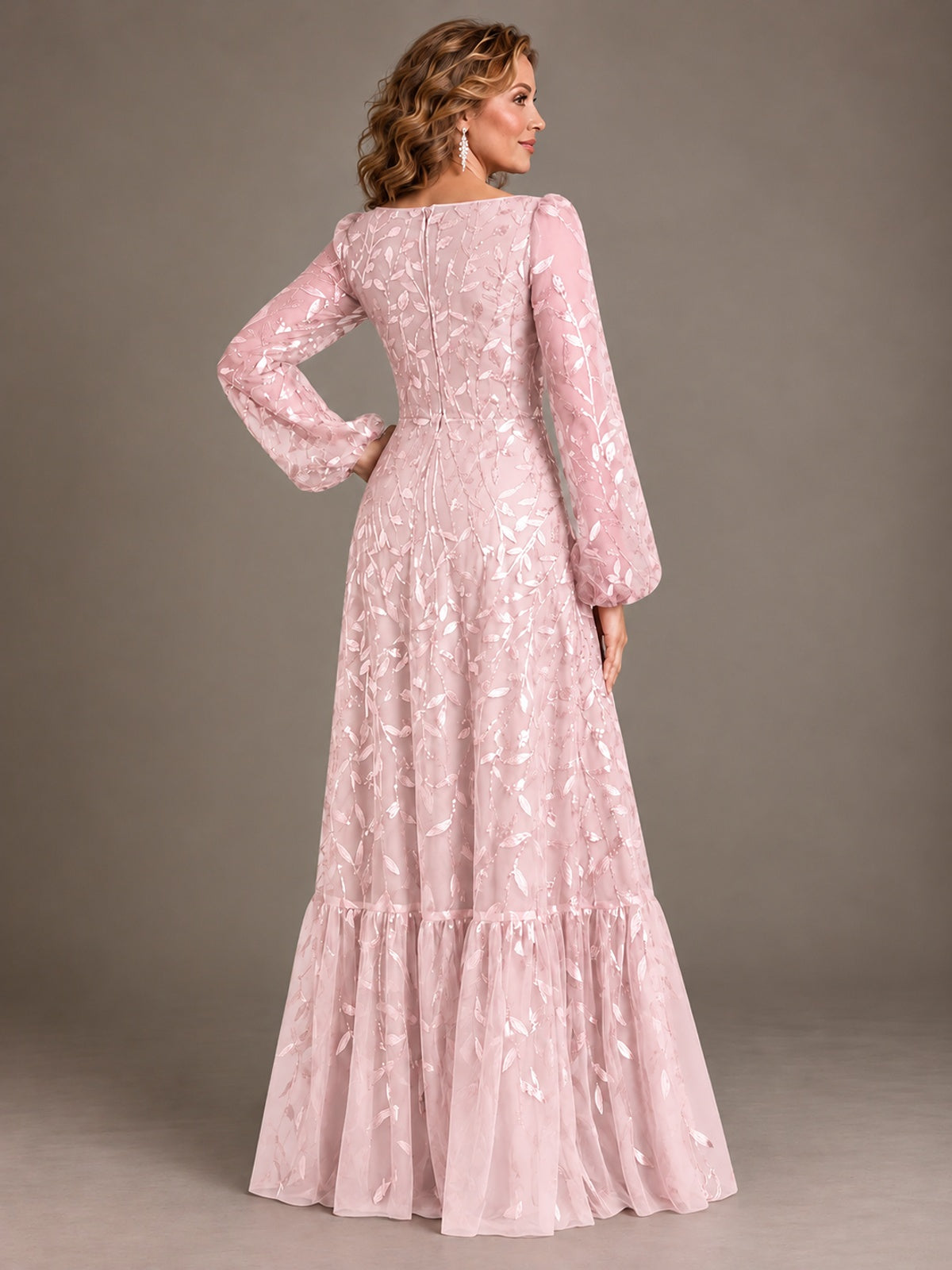 Floral Sequin Embroidered A-Line Mother of the Bride Dress with Long Sleeves