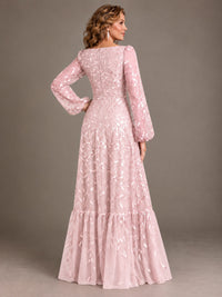 Floral Sequin Embroidered A-Line Mother of the Bride Dress with Long Sleeves