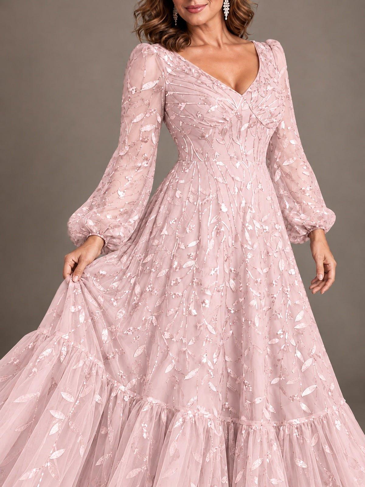 Floral Sequin Embroidered A-Line Mother of the Bride Dress with Long Sleeves
