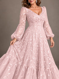 Floral Sequin Embroidered A-Line Mother of the Bride Dress with Long Sleeves