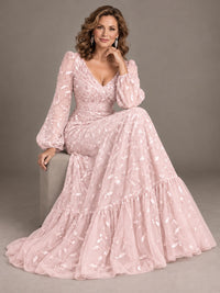 Floral Sequin Embroidered A-Line Mother of the Bride Dress with Long Sleeves
