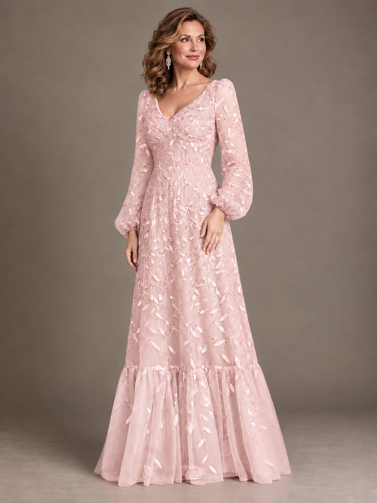 Floral Sequin Embroidered A-Line Mother of the Bride Dress with Long Sleeves