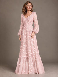 Floral Sequin Embroidered A-Line Mother of the Bride Dress with Long Sleeves