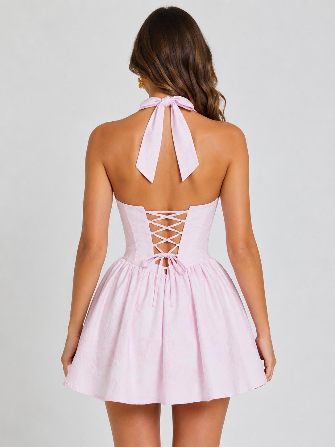 Pink Floral Jacquard Halter Mini Dress