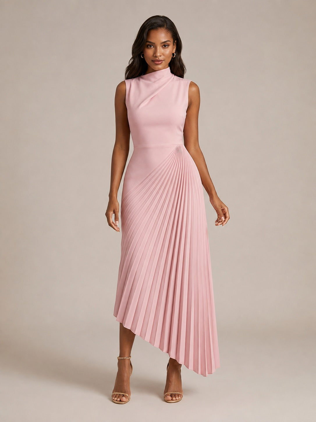 Pink High Neck Pleated Chiffon Midi Dress with Asymmetric Hem