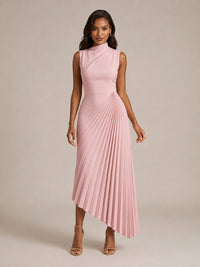 Pink High Neck Pleated Chiffon Midi Dress with Asymmetric Hem