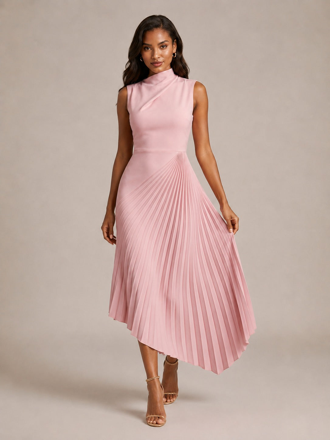 Pink Pleated Chiffon Midi Dress with Asymmetric Hem
