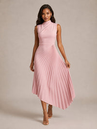 Pink Pleated Chiffon Midi Dress with Asymmetric Hem