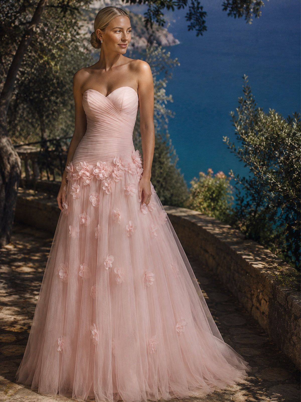 Pink Strapless 3D Floral Tulle Prom Dress