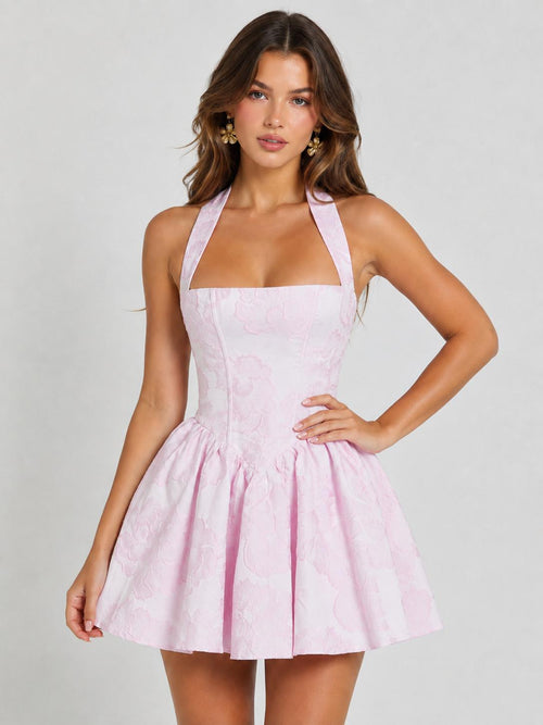 Pink floral A-line mini dress for parties and special occasions