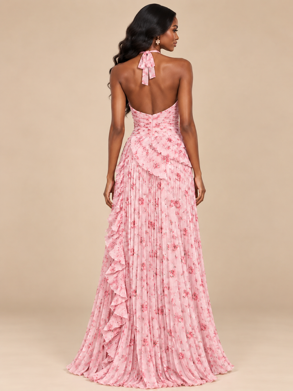 Pink floral halter neck maxi gown with pleated ruffle skirt