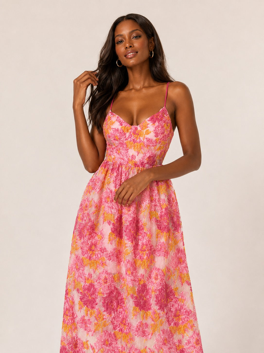 Pink floral jacquard fabric detail on Jovellee midi dress