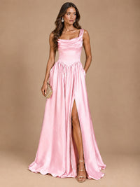 Cowl Neck Pleated Satin Prom Dress with Pockets & Slit Maxi Formal Gowns