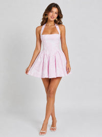Pink halter mini dress with square neckline and flared skirt